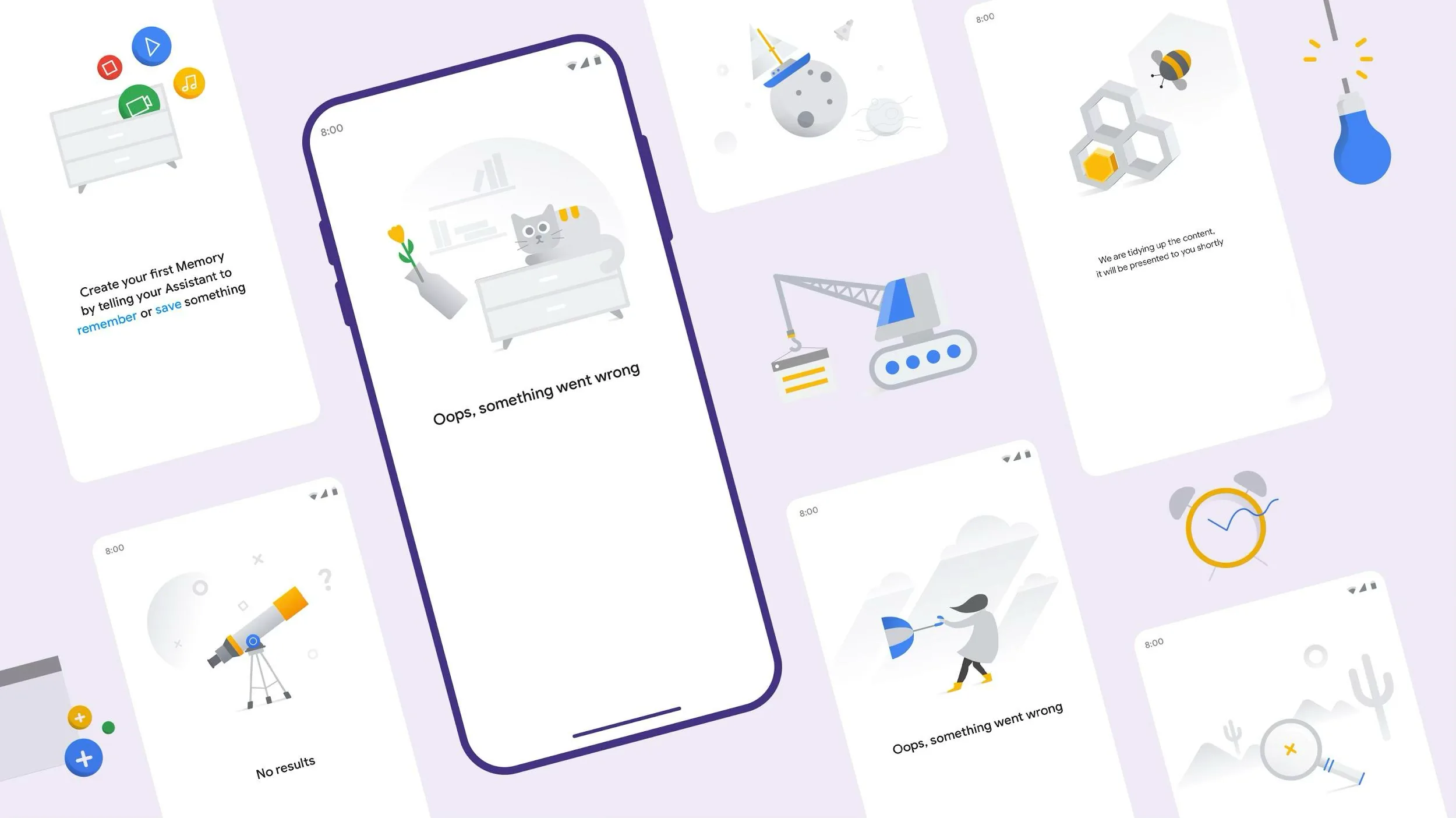 Google Assistant empty-state and error screens with their illustrations