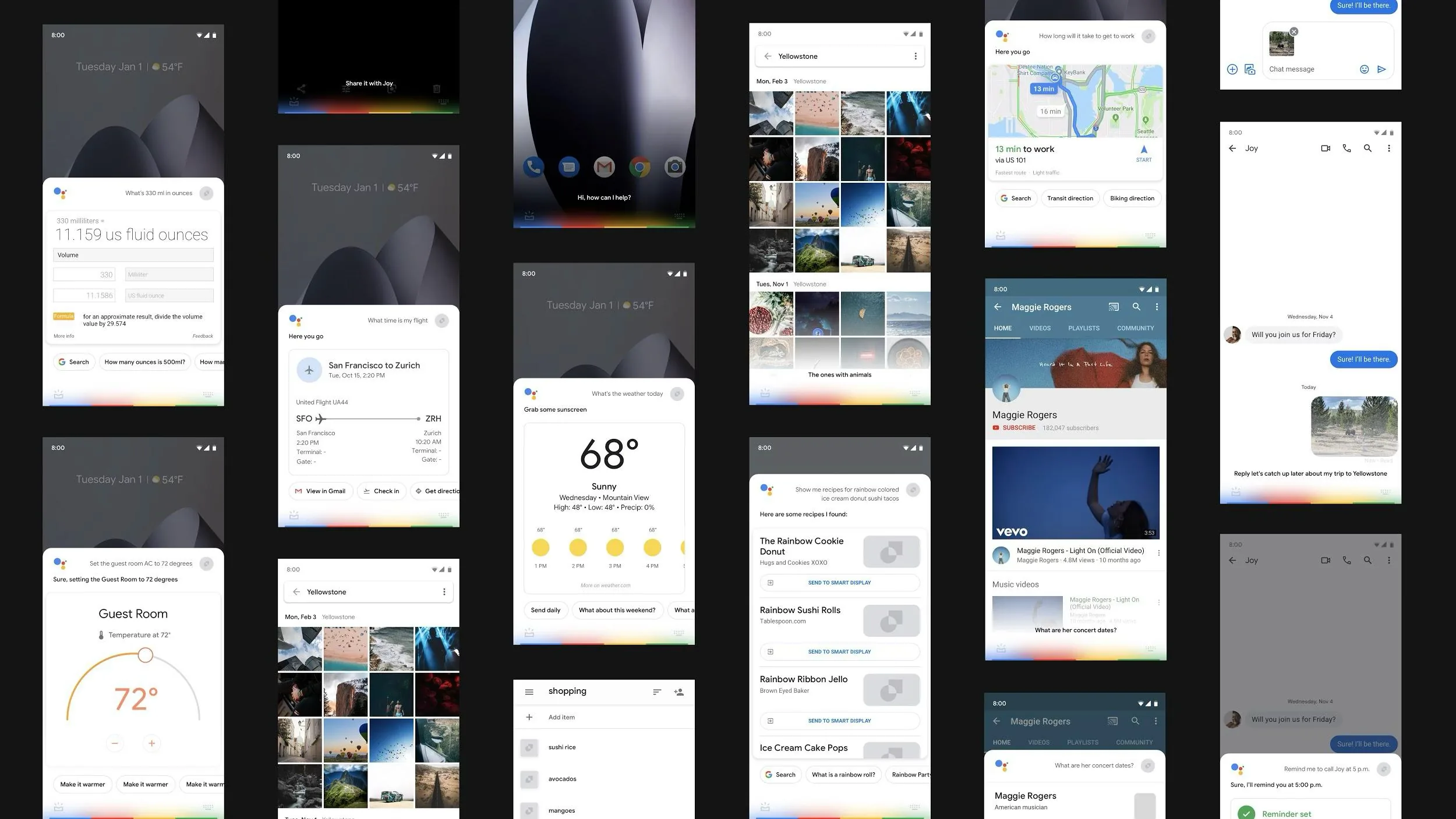 Library of Google Assistant screens — conversions, flights, weather, photos, music and messaging