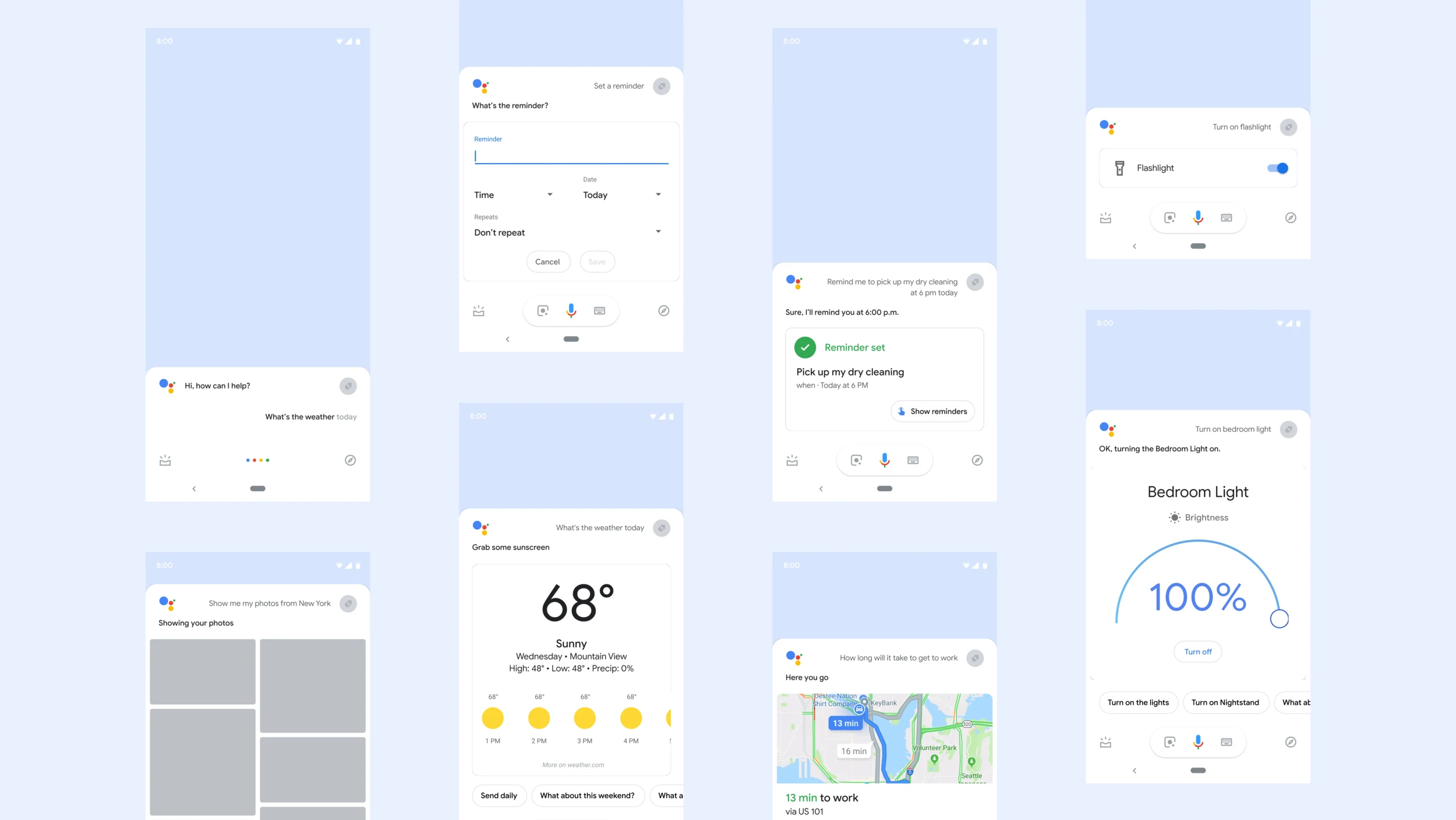 Grid of Google Assistant mobile screens