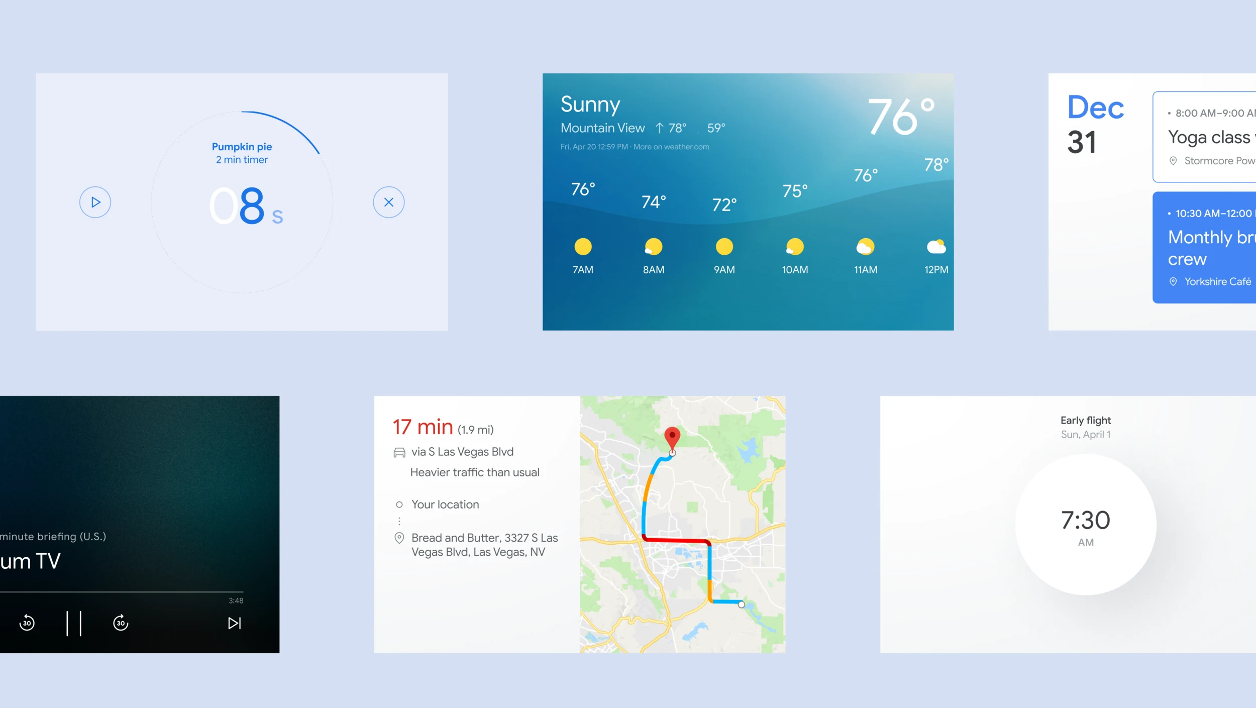 Google Assistant cards across surfaces — timers, weather, calendar, directions