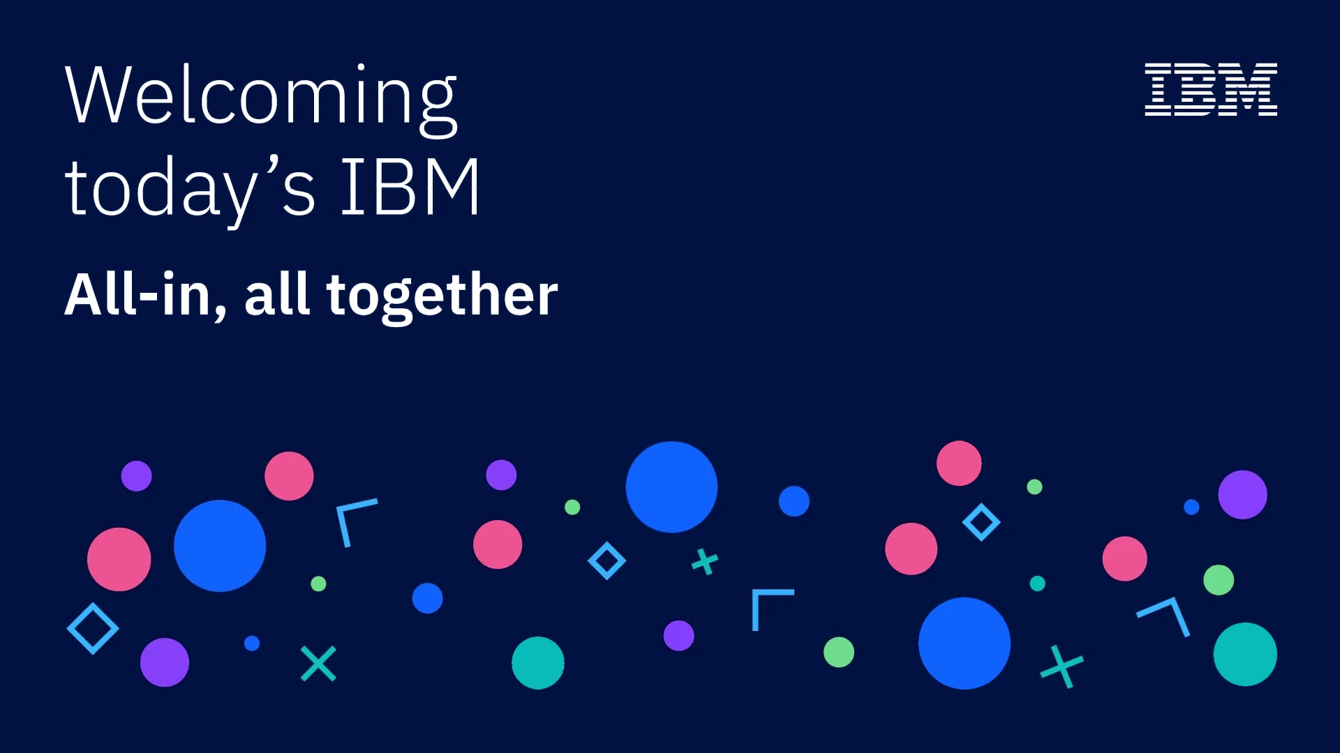Welcoming today’s IBM — All-in, all together campaign title card on IBM navy with confetti pattern