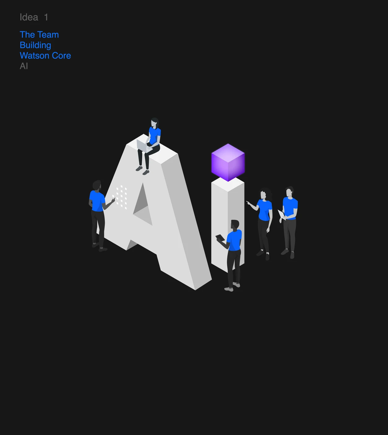 Isometric illustration of the team building AI letters