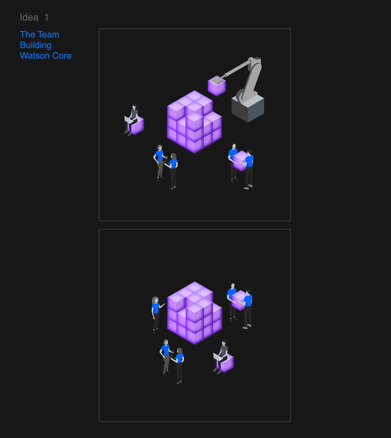Isometric illustrations of the team building Watson Core