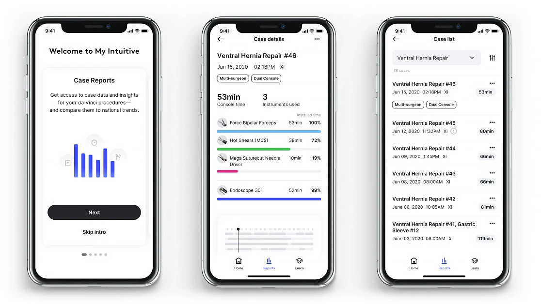 Three phones showing the My Intuitive mobile app