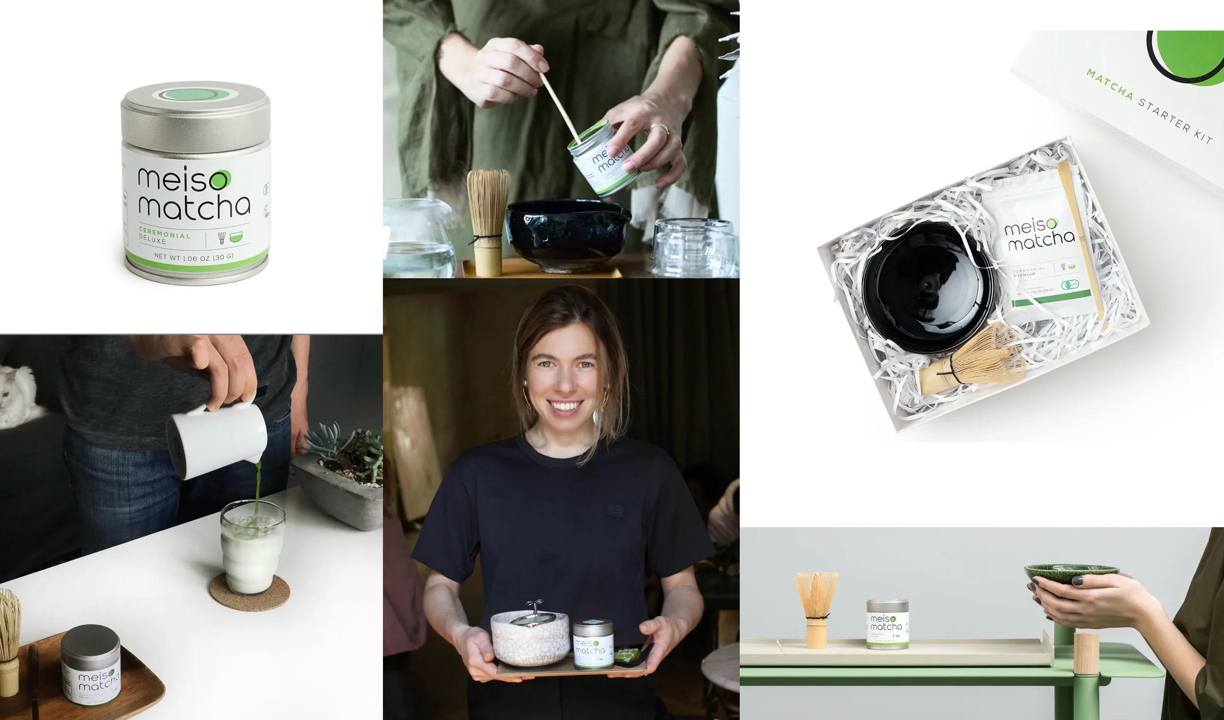 Meiso Matcha in use — ceremonial tin, starter kit and lifestyle photography