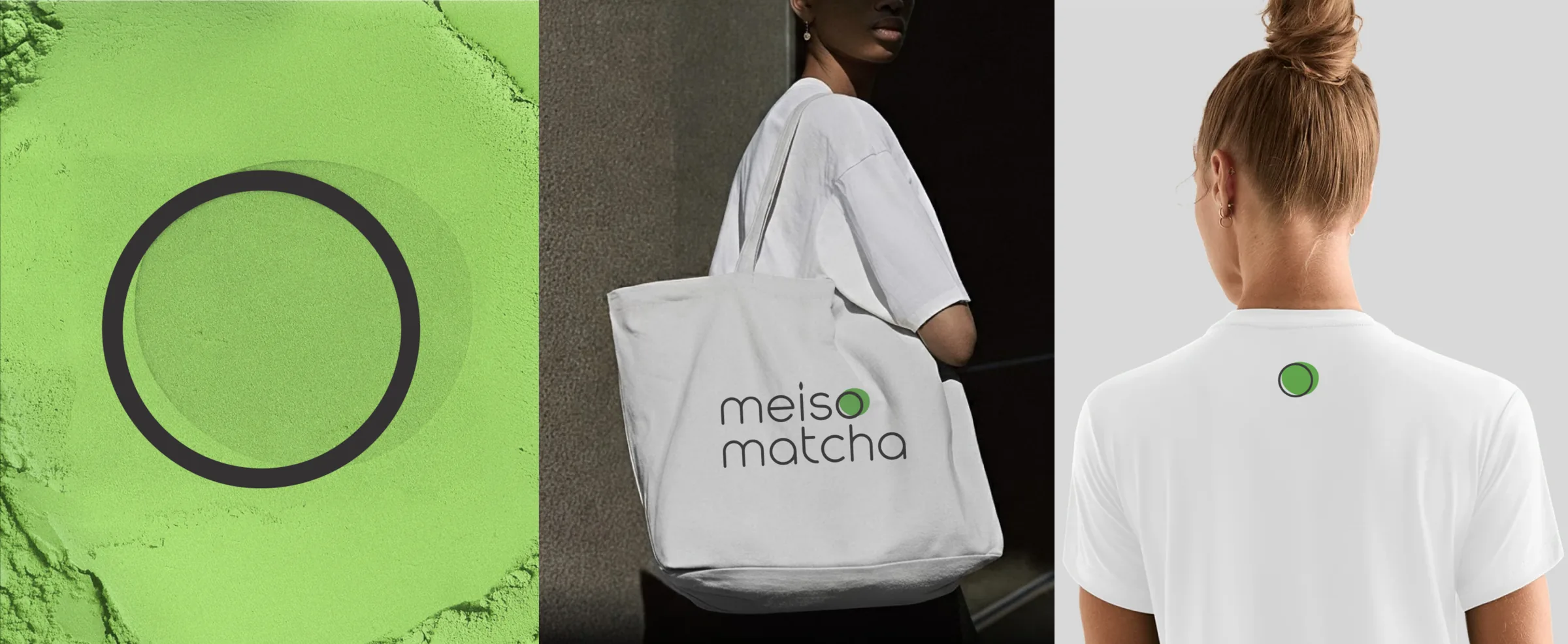 Meiso Matcha brand in use — the logo mark drawn in matcha powder, a canvas tote carrying the wordmark, and the circle mark on a white tee