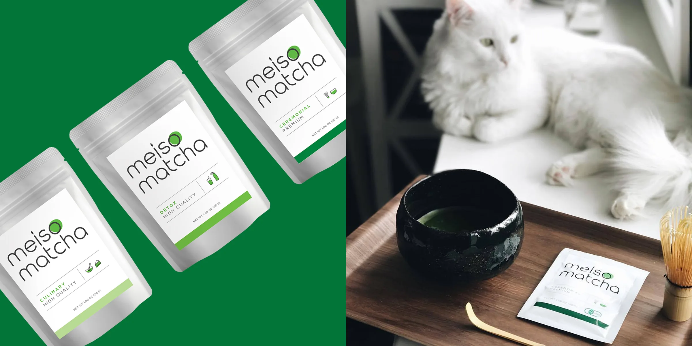 Meiso Matcha packaging pouches on green, beside a ceremonial bowl, whisk and sachet on a wooden tray
