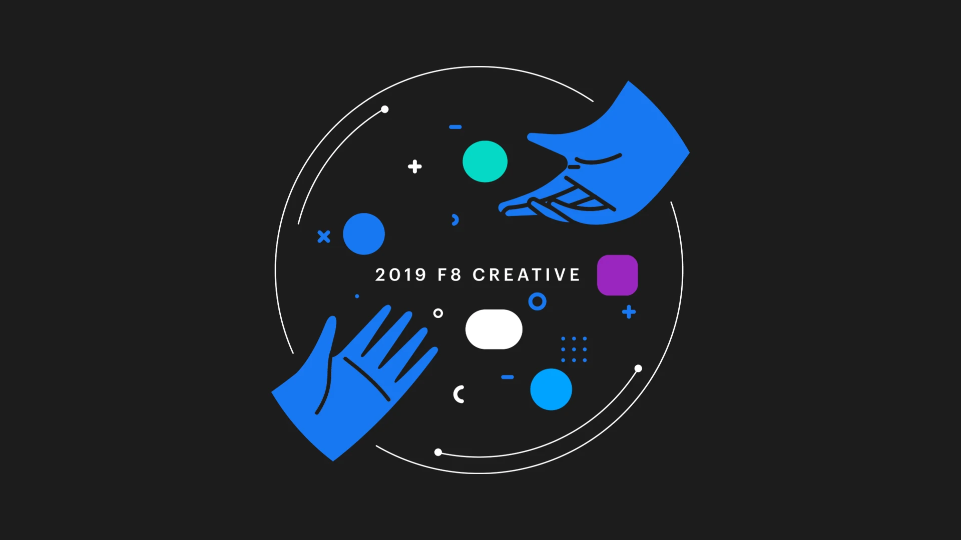 2019 F8 Creative badge illustration with hands and geometric shapes