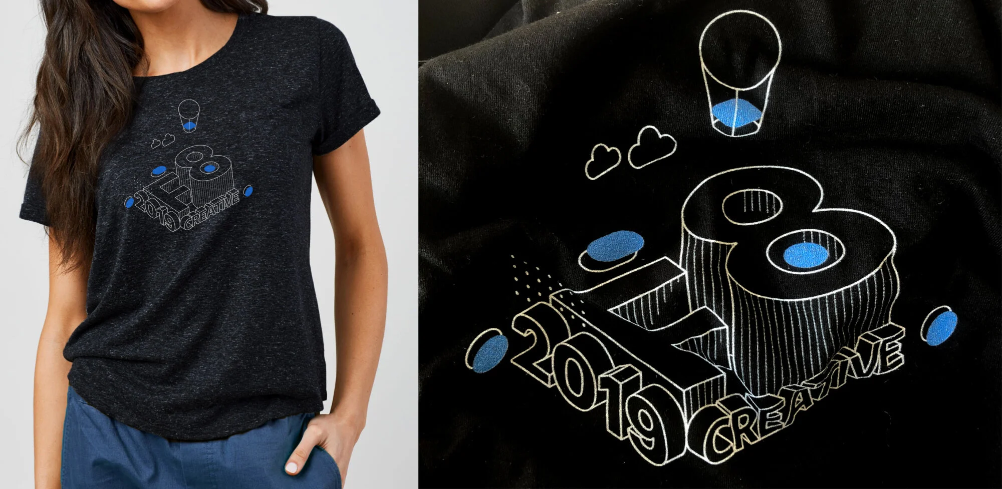 The F8 Creative illustration printed on a black t-shirt