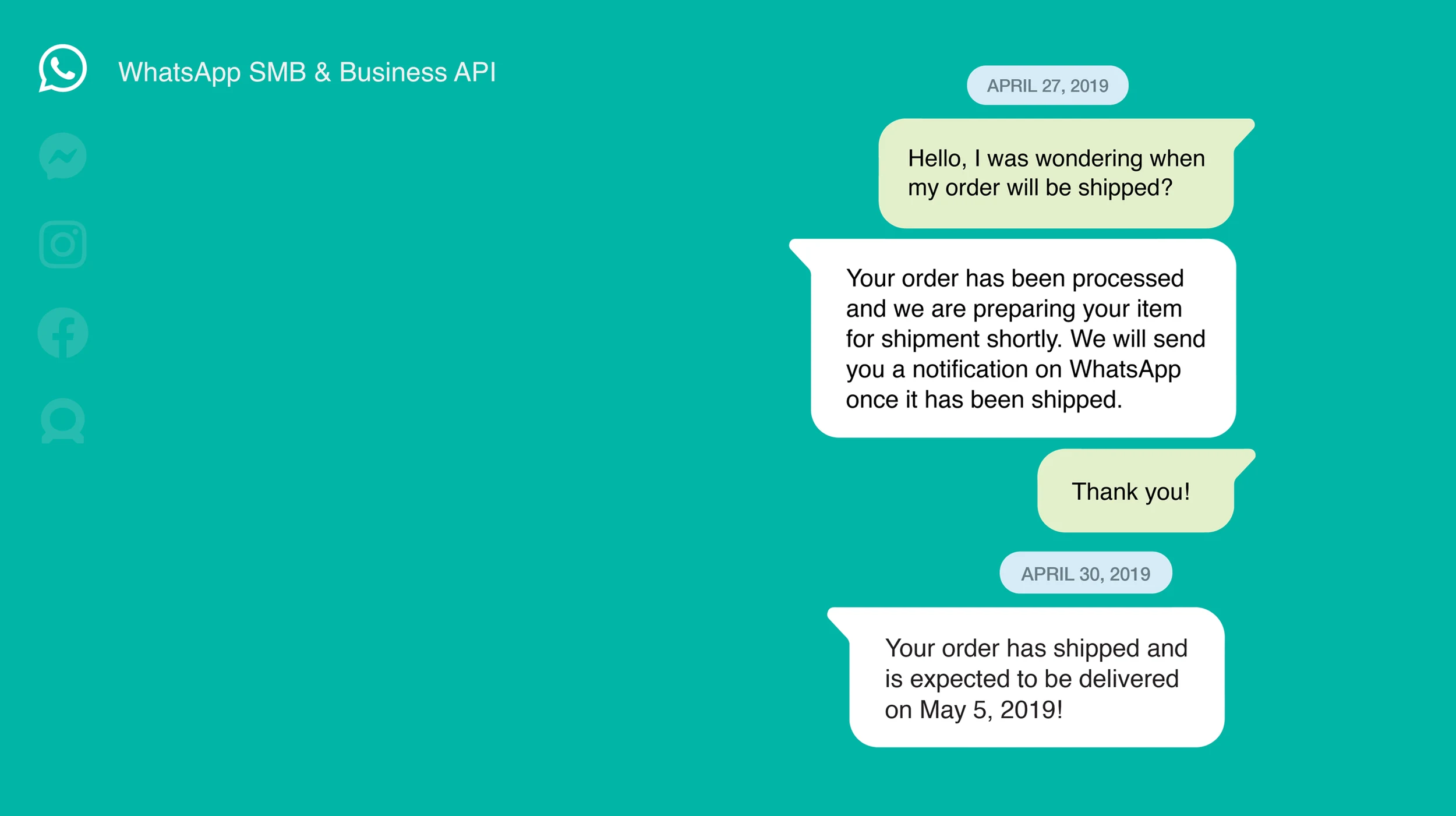 WhatsApp SMB and Business API slide with chat conversation